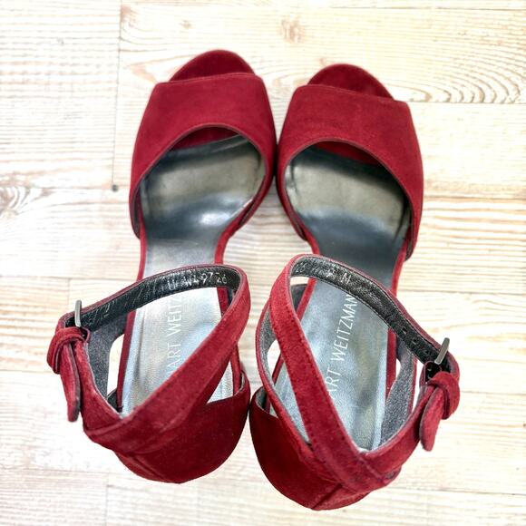 Stuart Weitzman Hijinx Platform Suede Peep Toe Heels | Deep Red Size 9 - Picture 7 of 11